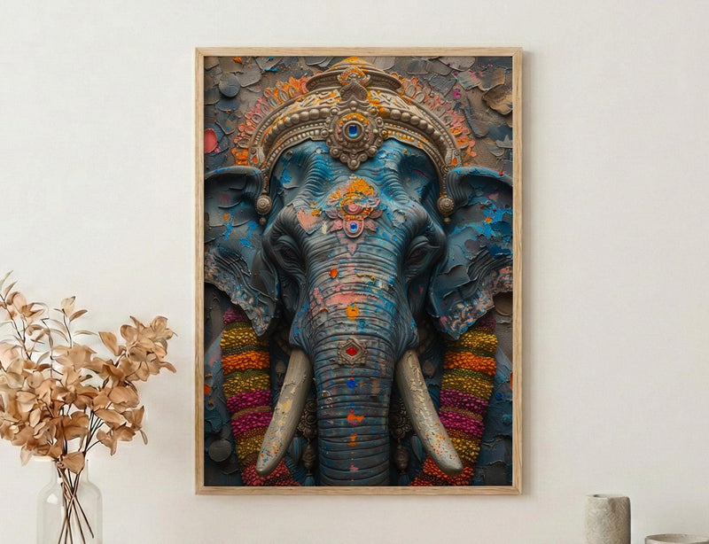 Elephant Art Print, Temple India Decor, Cultural Blessing, Impasto Oil Painting, Painted Elephant, Good Luck Gift, Baby Shower Gift
