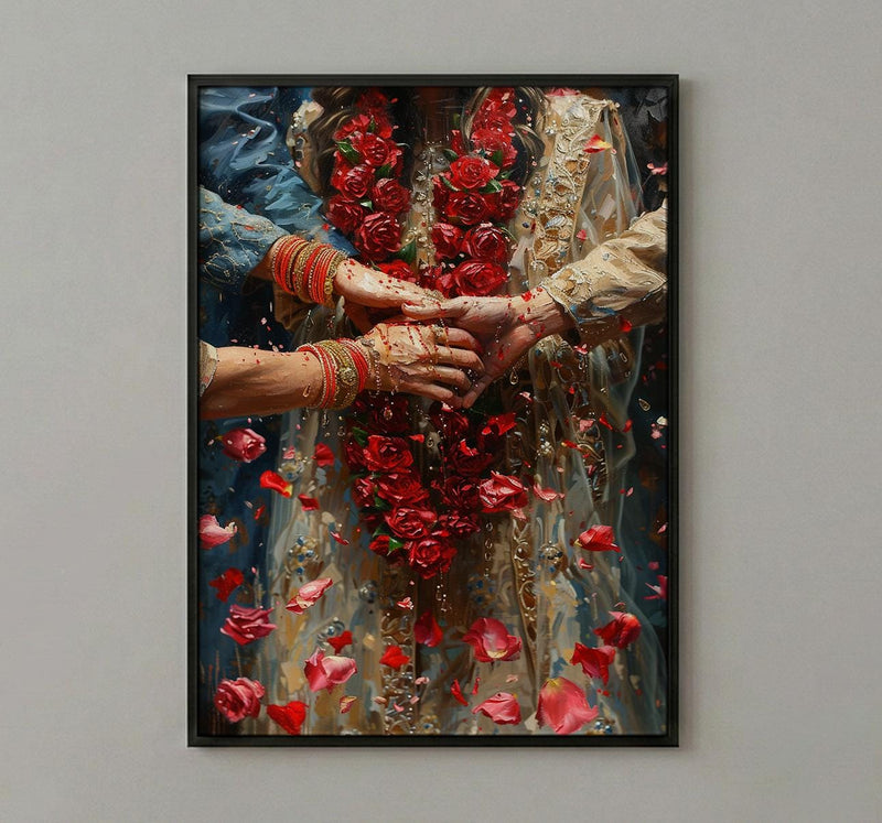 Indian Wedding Art, Varmala Ceremony, Red and Gold, Impasto Oil Painting, Cultural Couple, Anniversary Gift, Honeymoon Gift