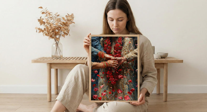 Indian Wedding Art, Varmala Ceremony, Red and Gold, Impasto Oil Painting, Cultural Couple, Anniversary Gift, Honeymoon Gift