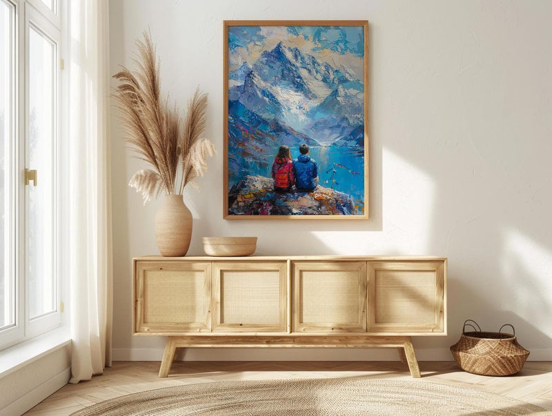Himalayas Wall Art, Mountain Landscape, Prayer Flags, Impasto Oil Painting, Spiritual Decor, Trekking Gift, Anniversary Gift