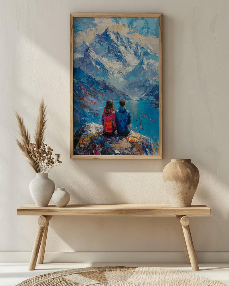 Himalayas Wall Art, Mountain Landscape, Prayer Flags, Impasto Oil Painting, Spiritual Decor, Trekking Gift, Anniversary Gift