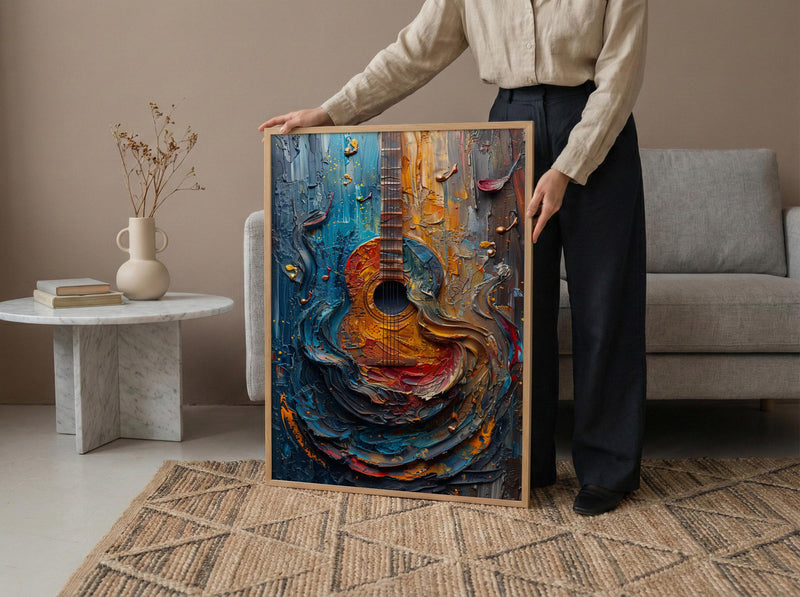 Indian Music Art, Sitar Print, Instrument Decor, Impasto Oil Painting, Classical Music, Cultural Gift, Best Friend Gift