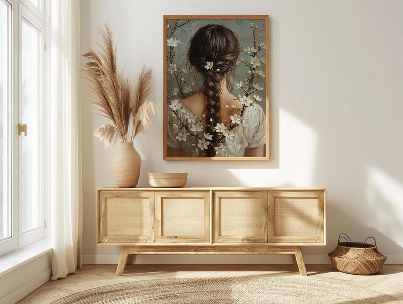 Jasmine Flower Art, Indian Braid Print, Cultural Beauty, Impasto Oil Painting, Hair Decor, White Flowers, Anniversary Gift