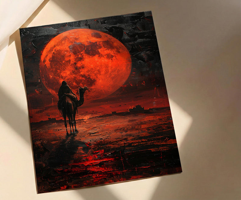 Rajasthan Art, Thar Desert Print, Camel Silhouette, Impasto Oil Painting, Red Moon, Folk Decor, Wedding Gift
