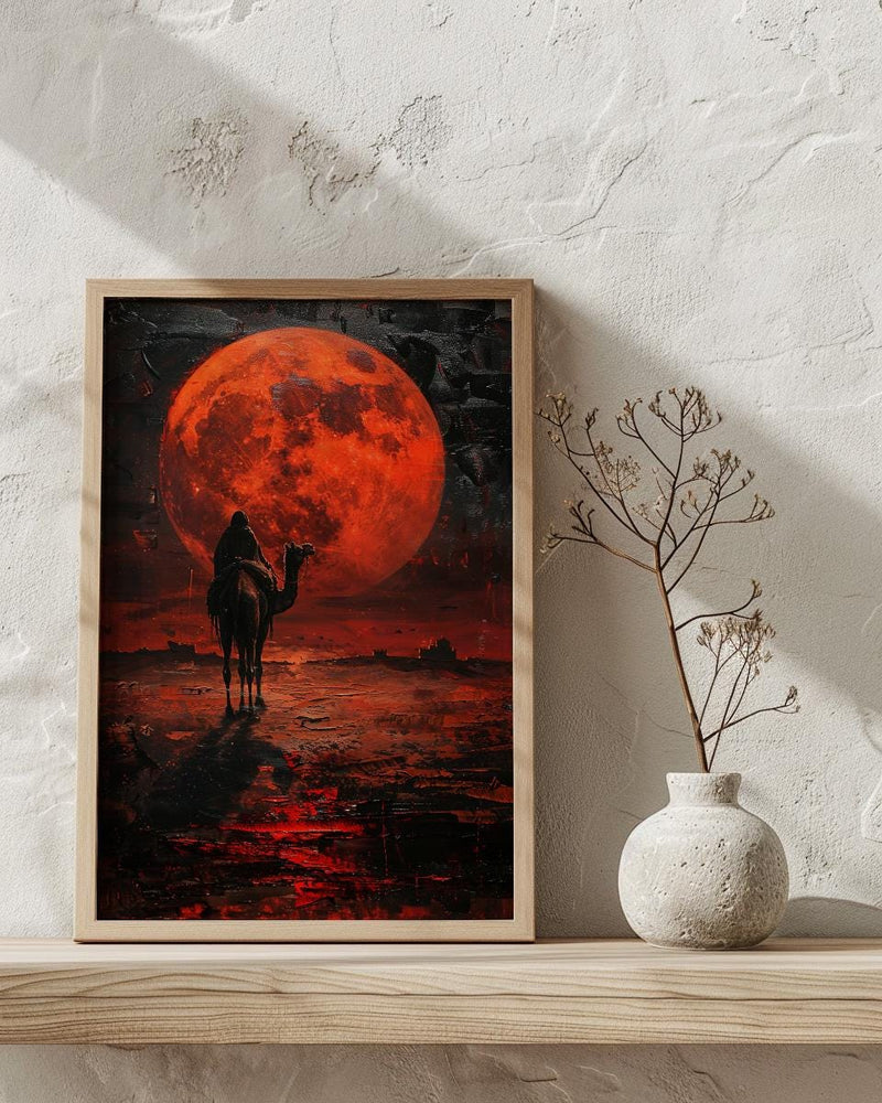 Rajasthan Art, Thar Desert Print, Camel Silhouette, Impasto Oil Painting, Red Moon, Folk Decor, Wedding Gift
