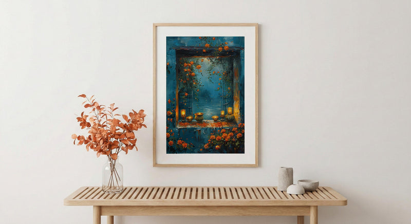 Diwali Art Print, Festival of Lights, Diya Decor, Impasto Oil Painting, Night Window, Cozy Home, Best Friend Gift