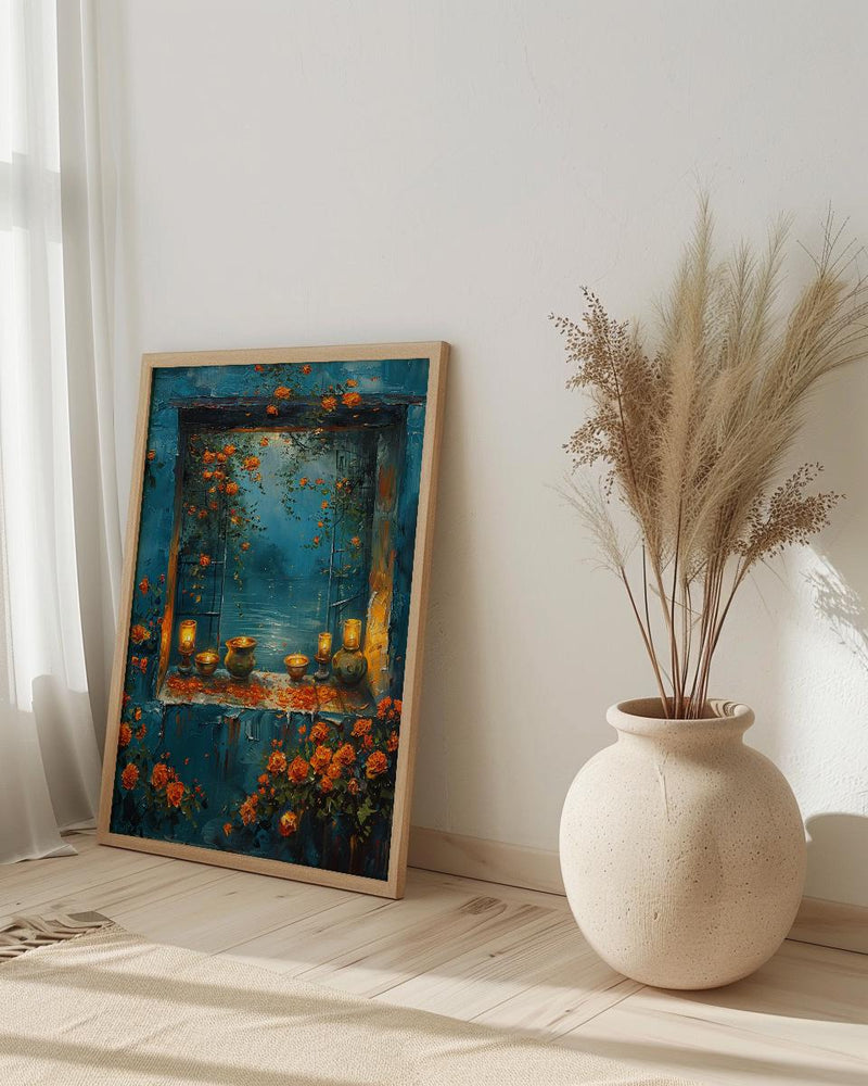 Diwali Art Print, Festival of Lights, Diya Decor, Impasto Oil Painting, Night Window, Cozy Home, Best Friend Gift