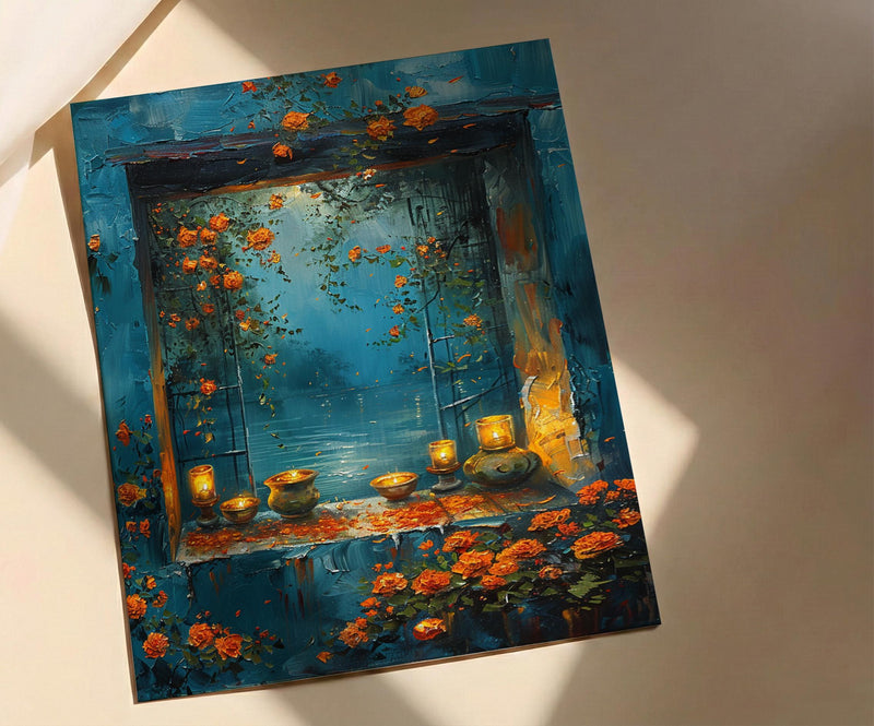 Diwali Art Print, Festival of Lights, Diya Decor, Impasto Oil Painting, Night Window, Cozy Home, Best Friend Gift