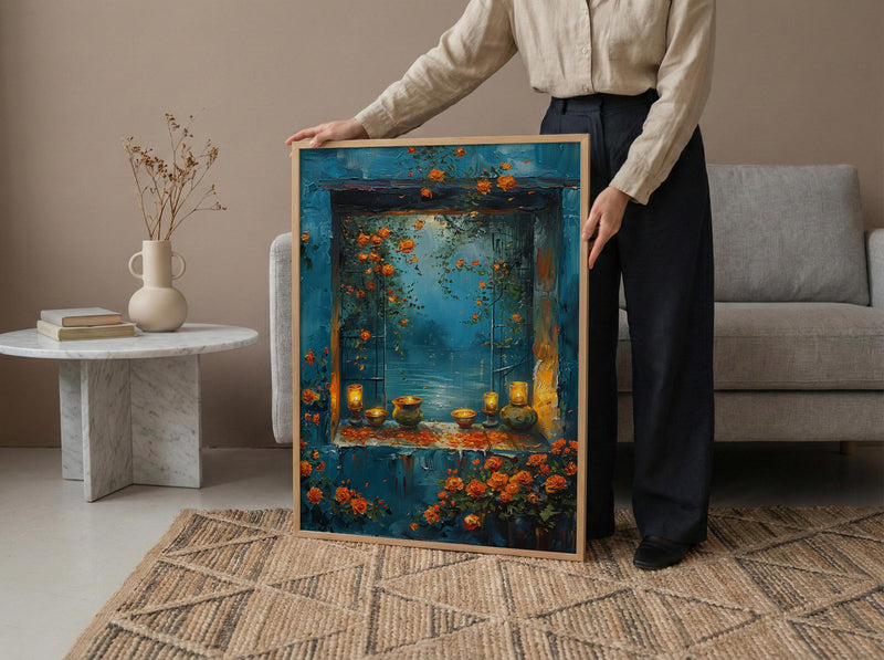 Diwali Art Print, Festival of Lights, Diya Decor, Impasto Oil Painting, Night Window, Cozy Home, Best Friend Gift