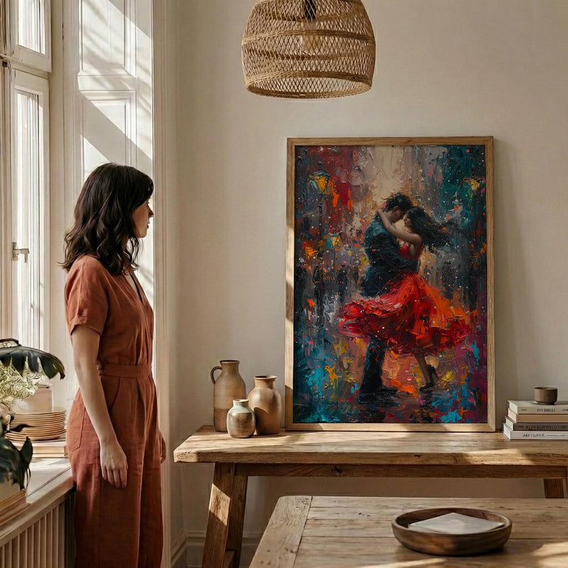 Tango Dancers Art, Argentina Decor, Passionate Love, Impasto Oil Painting, Red Dress Print, Dance Studio Art, Latin Vibes