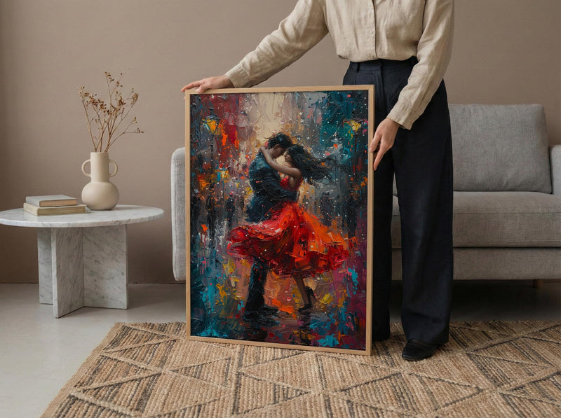 Tango Dancers Art, Argentina Decor, Passionate Love, Impasto Oil Painting, Red Dress Print, Dance Studio Art, Latin Vibes