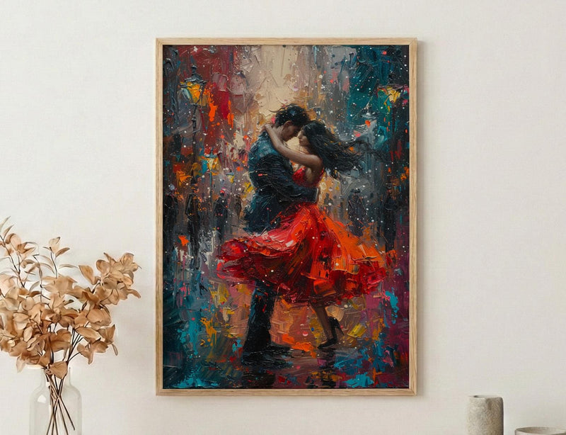 Tango Dancers Art, Argentina Decor, Passionate Love, Impasto Oil Painting, Red Dress Print, Dance Studio Art, Latin Vibes