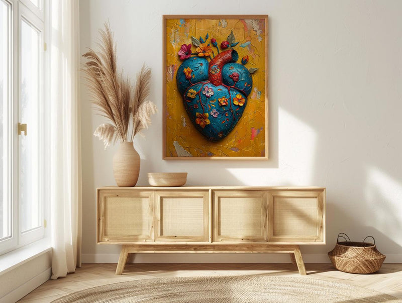 Mexican Heart Art, Corazon Milagro, Folk Art Print, Impasto Oil Painting, Frida Style Decor, Colorful Wall Art, Sacred Heart