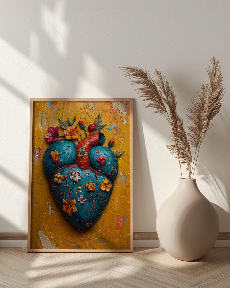 Mexican Heart Art, Corazon Milagro, Folk Art Print, Impasto Oil Painting, Frida Style Decor, Colorful Wall Art, Sacred Heart