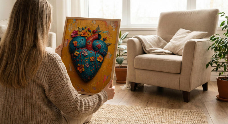Mexican Heart Art, Corazon Milagro, Folk Art Print, Impasto Oil Painting, Frida Style Decor, Colorful Wall Art, Sacred Heart