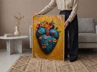 Mexican Heart Art, Corazon Milagro, Folk Art Print, Impasto Oil Painting, Frida Style Decor, Colorful Wall Art, Sacred Heart