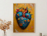 Mexican Heart Art, Corazon Milagro, Folk Art Print, Impasto Oil Painting, Frida Style Decor, Colorful Wall Art, Sacred Heart