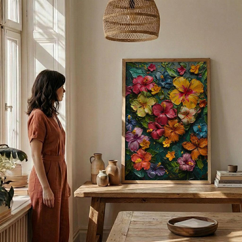 Tropical Heart Art, Jungle Flowers, Hibiscus Print, Impasto Oil Painting, Latin American Decor, Summer Vibes, Botanical Love