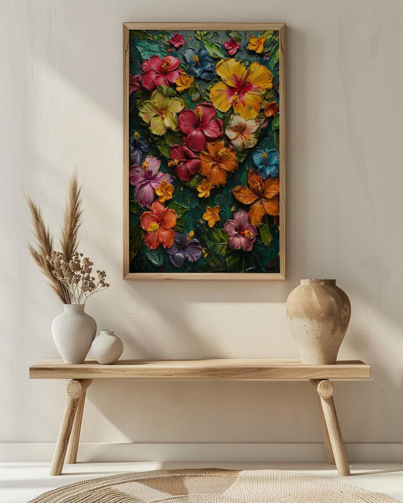 Tropical Heart Art, Jungle Flowers, Hibiscus Print, Impasto Oil Painting, Latin American Decor, Summer Vibes, Botanical Love