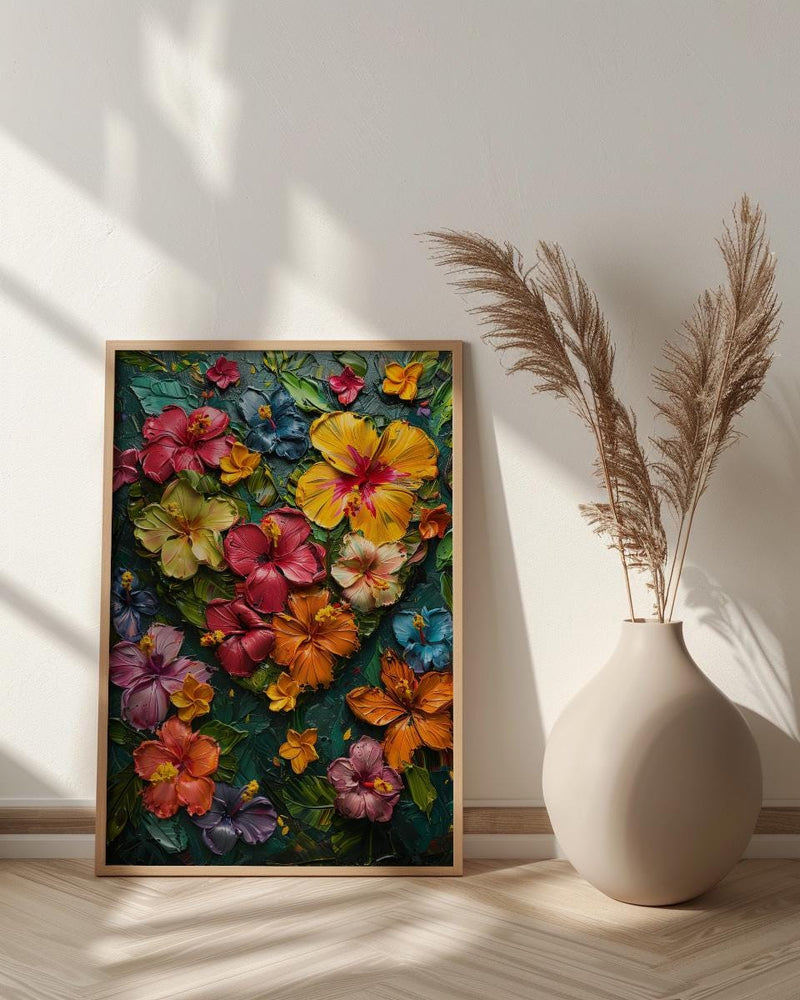 Tropical Heart Art, Jungle Flowers, Hibiscus Print, Impasto Oil Painting, Latin American Decor, Summer Vibes, Botanical Love