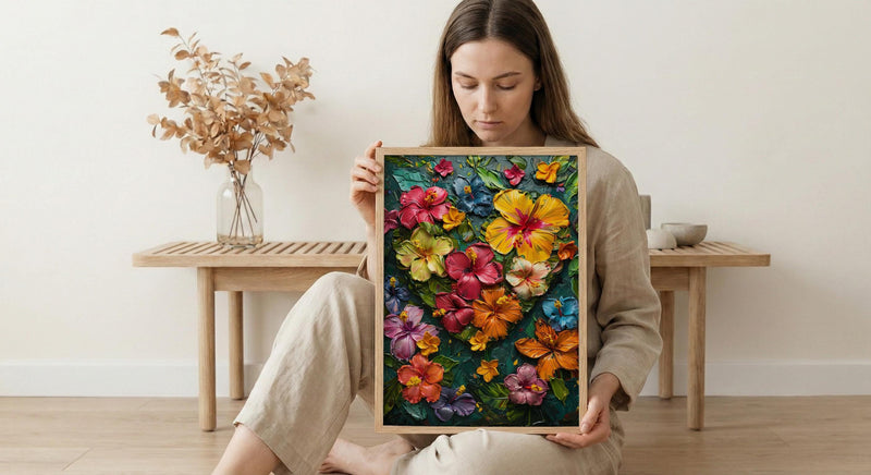 Tropical Heart Art, Jungle Flowers, Hibiscus Print, Impasto Oil Painting, Latin American Decor, Summer Vibes, Botanical Love