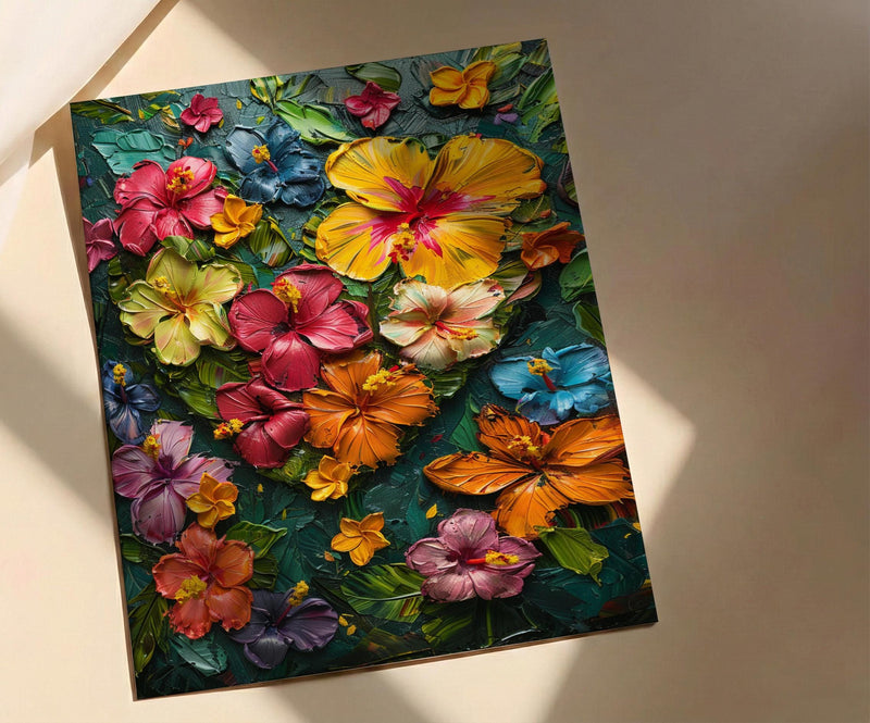 Tropical Heart Art, Jungle Flowers, Hibiscus Print, Impasto Oil Painting, Latin American Decor, Summer Vibes, Botanical Love