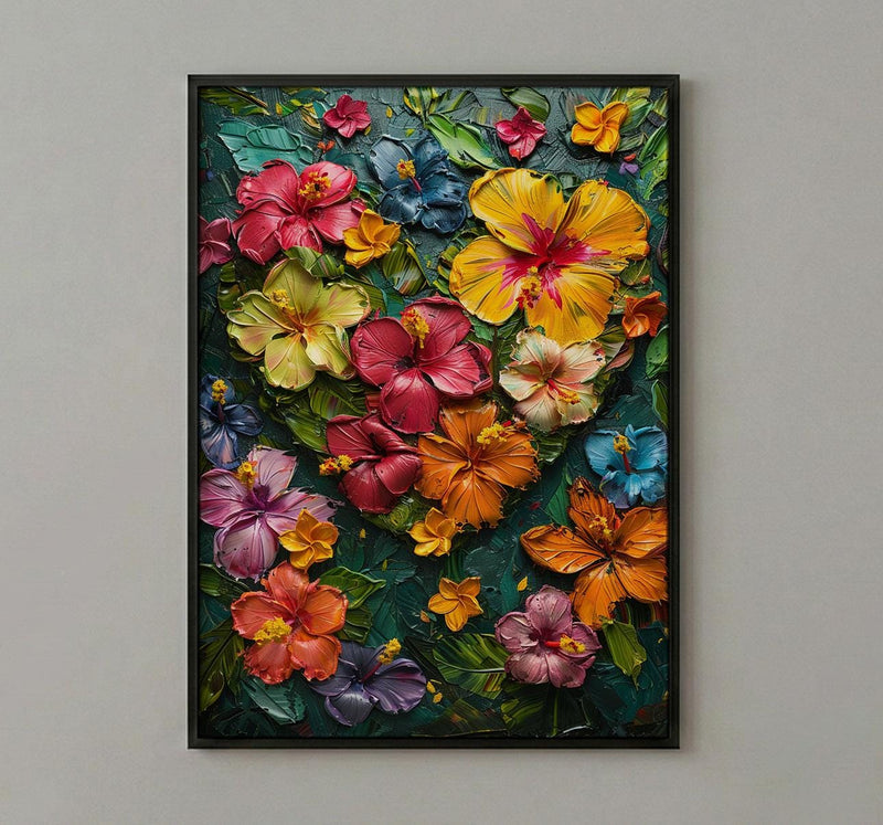 Tropical Heart Art, Jungle Flowers, Hibiscus Print, Impasto Oil Painting, Latin American Decor, Summer Vibes, Botanical Love
