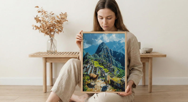 Machu Picchu Art, Peru Travel Print, Llama Decor, Impasto Oil Painting, Ancient Ruins, Adventure Gift, Engagement Gift