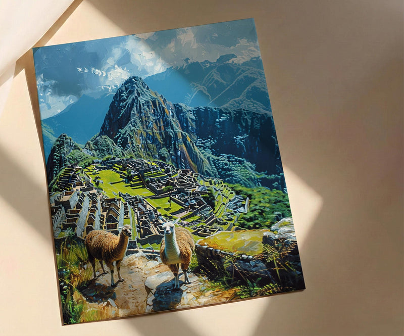 Machu Picchu Art, Peru Travel Print, Llama Decor, Impasto Oil Painting, Ancient Ruins, Adventure Gift, Engagement Gift
