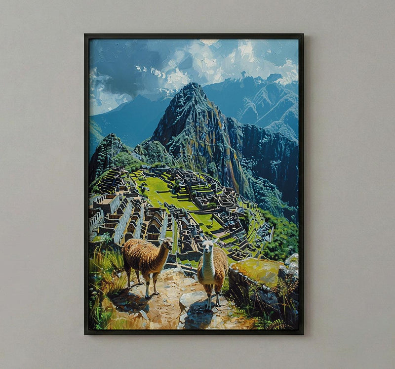 Machu Picchu Art, Peru Travel Print, Llama Decor, Impasto Oil Painting, Ancient Ruins, Adventure Gift, Engagement Gift