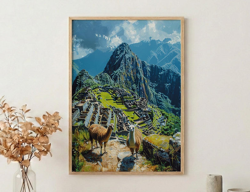 Machu Picchu Art, Peru Travel Print, Llama Decor, Impasto Oil Painting, Ancient Ruins, Adventure Gift, Engagement Gift