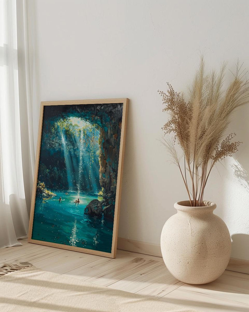 Cenote Art, Mexico Travel Print, Underwater Cave, Impasto Oil Painting, Blue Water Decor, Mystical Nature, Engagement Gift