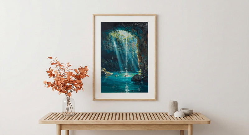 Cenote Art, Mexico Travel Print, Underwater Cave, Impasto Oil Painting, Blue Water Decor, Mystical Nature, Engagement Gift
