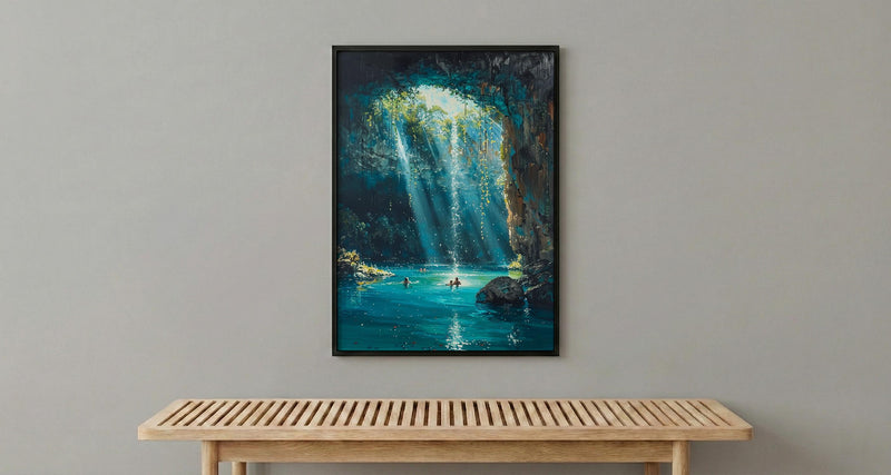Cenote Art, Mexico Travel Print, Underwater Cave, Impasto Oil Painting, Blue Water Decor, Mystical Nature, Engagement Gift