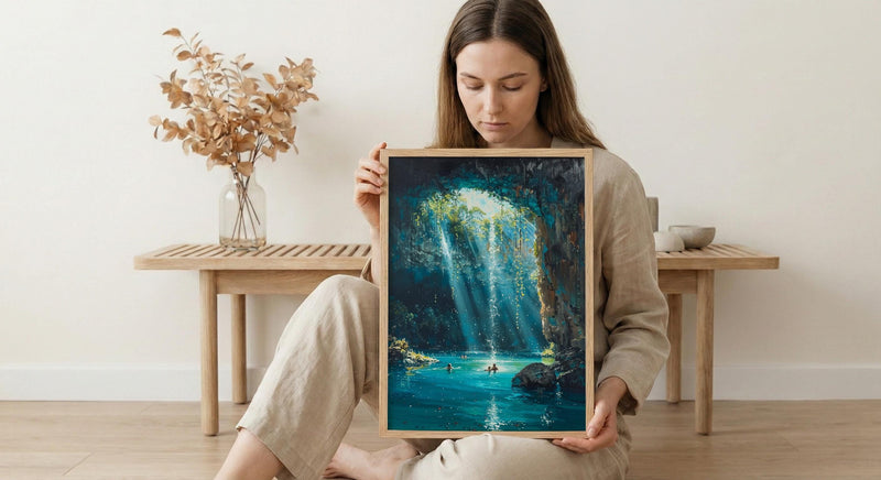 Cenote Art, Mexico Travel Print, Underwater Cave, Impasto Oil Painting, Blue Water Decor, Mystical Nature, Engagement Gift