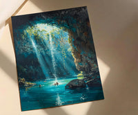 Cenote Art, Mexico Travel Print, Underwater Cave, Impasto Oil Painting, Blue Water Decor, Mystical Nature, Engagement Gift