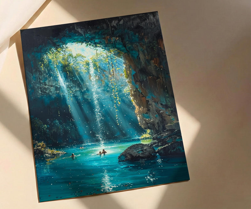 Cenote Art, Mexico Travel Print, Underwater Cave, Impasto Oil Painting, Blue Water Decor, Mystical Nature, Engagement Gift