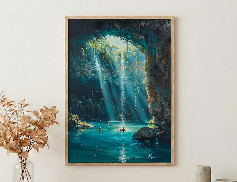 Cenote Art, Mexico Travel Print, Underwater Cave, Impasto Oil Painting, Blue Water Decor, Mystical Nature, Engagement Gift