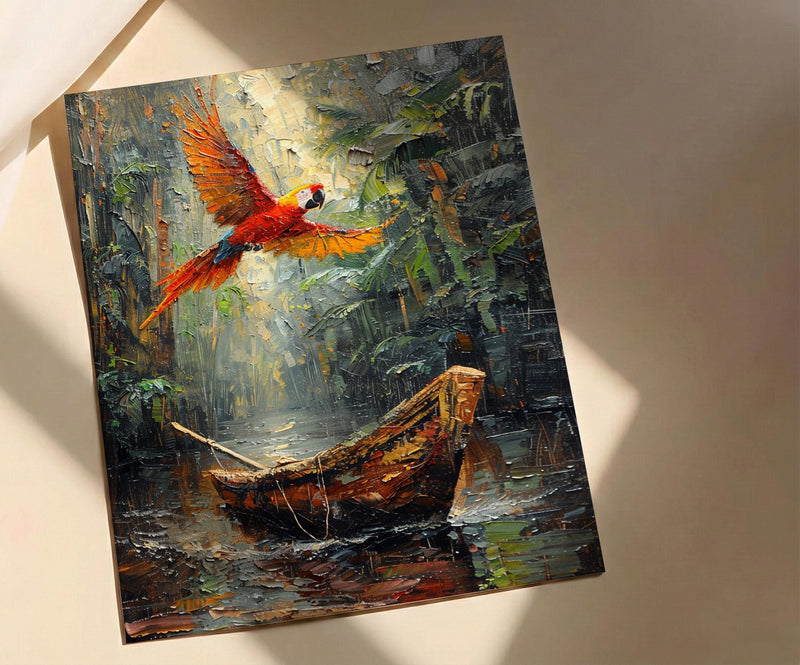 Amazon Jungle Art, River Boat Print, Rainforest Landscape, Impasto Oil Painting, Nature Adventure, Green Decor, Travel Lover Gift