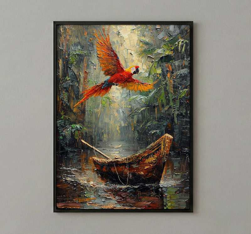 Amazon Jungle Art, River Boat Print, Rainforest Landscape, Impasto Oil Painting, Nature Adventure, Green Decor, Travel Lover Gift