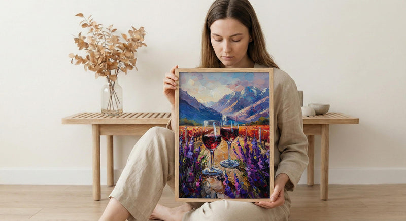 Wine Lover Art, Vineyard Landscape, Chile Travel Print, Impasto Oil Painting, Mountain View, Kitchen Decor, Travel Lover Gift