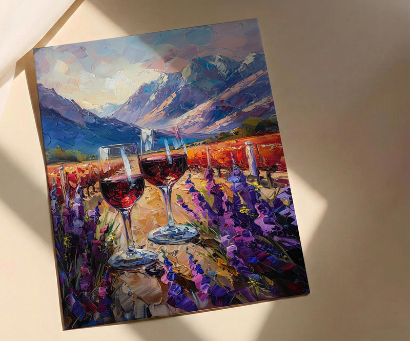 Wine Lover Art, Vineyard Landscape, Chile Travel Print, Impasto Oil Painting, Mountain View, Kitchen Decor, Travel Lover Gift