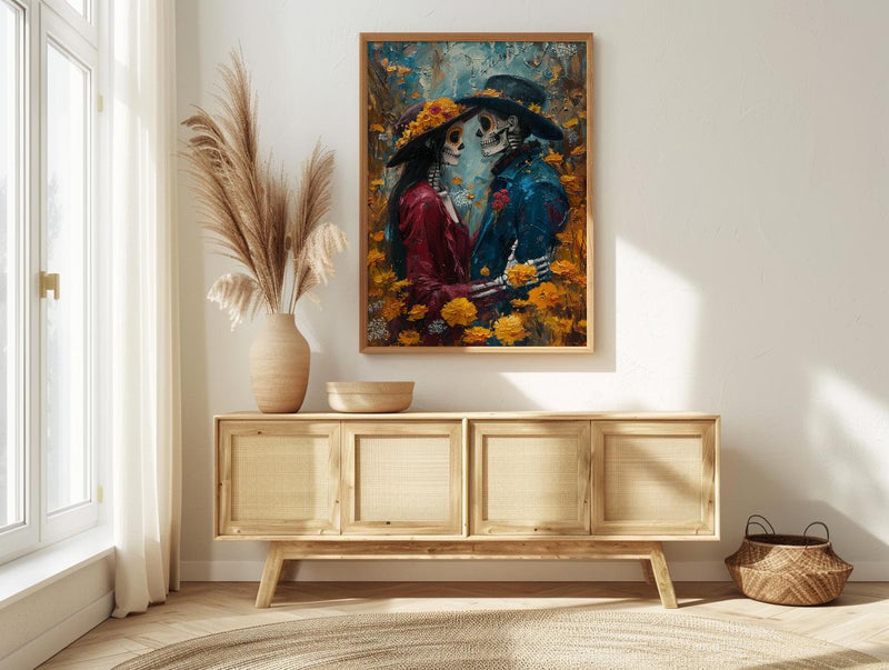 Day of the Dead Art, Skeleton Couple Print, Gothic Romance, Impasto Oil Painting, Mexican Decor, Marigold, Wedding Gift