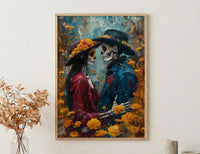 Day of the Dead Art, Skeleton Couple Print, Gothic Romance, Impasto Oil Painting, Mexican Decor, Marigold, Wedding Gift
