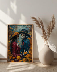 Day of the Dead Art, Skeleton Couple Print, Gothic Romance, Impasto Oil Painting, Mexican Decor, Marigold, Wedding Gift