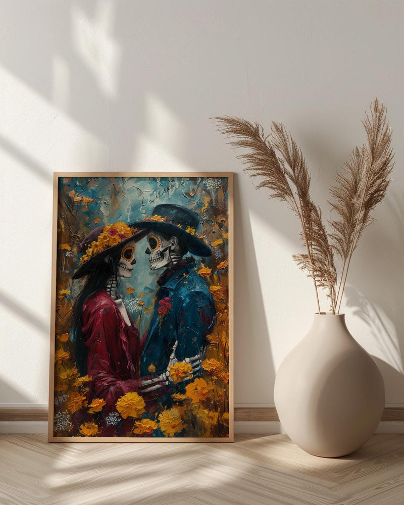 Day of the Dead Art, Skeleton Couple Print, Gothic Romance, Impasto Oil Painting, Mexican Decor, Marigold, Wedding Gift