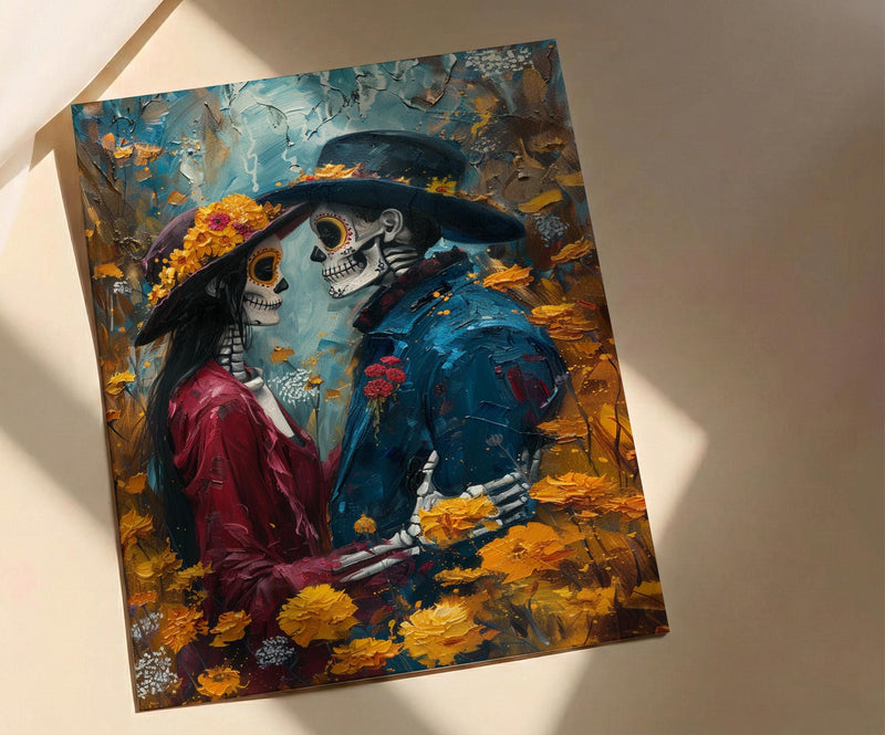 Day of the Dead Art, Skeleton Couple Print, Gothic Romance, Impasto Oil Painting, Mexican Decor, Marigold, Wedding Gift