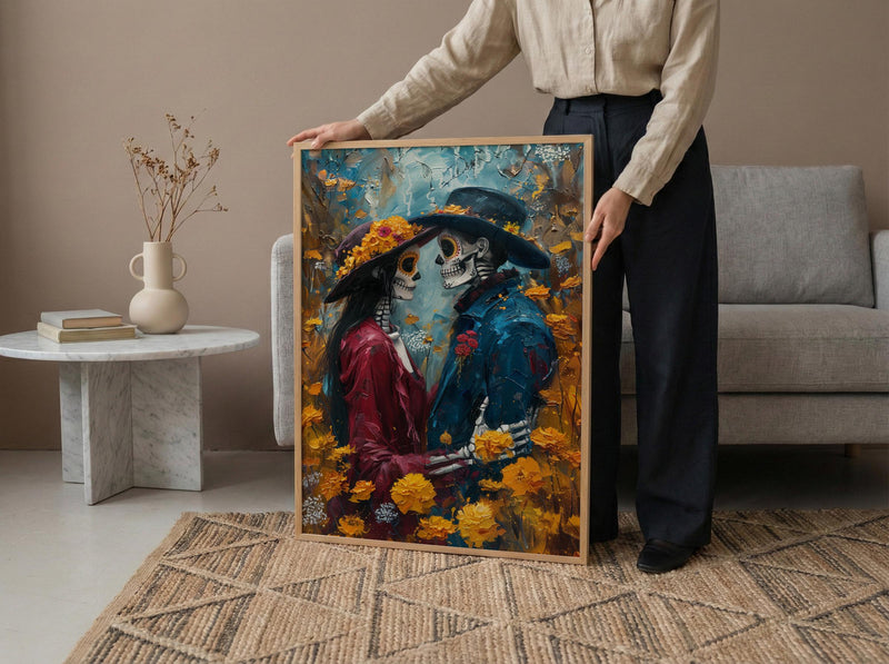Day of the Dead Art, Skeleton Couple Print, Gothic Romance, Impasto Oil Painting, Mexican Decor, Marigold, Wedding Gift