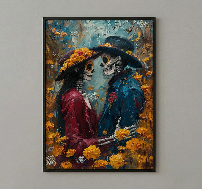 Day of the Dead Art, Skeleton Couple Print, Gothic Romance, Impasto Oil Painting, Mexican Decor, Marigold, Wedding Gift