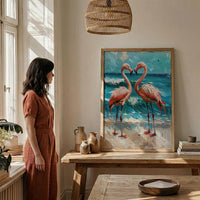 Flamingo Wall Art, Aruba Beach Print, Pink Bird Decor, Impasto Oil Painting, Tropical Paradise, Summer Gift, Wedding Gift